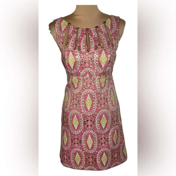 Milly of New York Pink Green Gold Brocade Lurex Sparkle Sheath Midi Dress Sz 2 - Picture 1 of 7